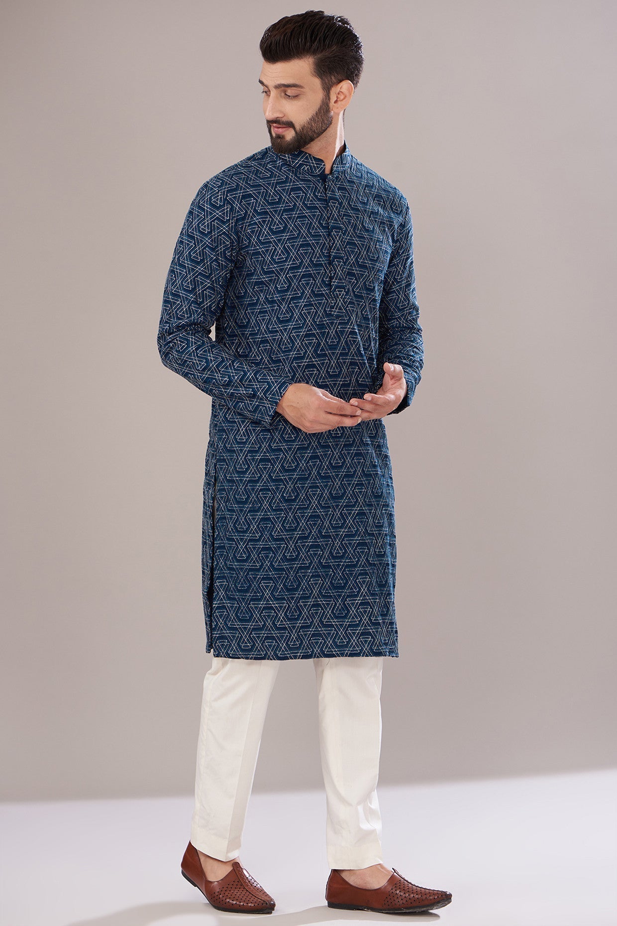 Navy Blue Silk Embroidered Kurta - kasbahmen