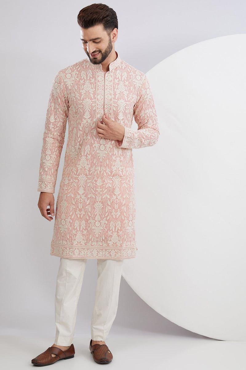 Pink Threadwork Kurta with Intricate Embroidered Neckline - kasbahmen