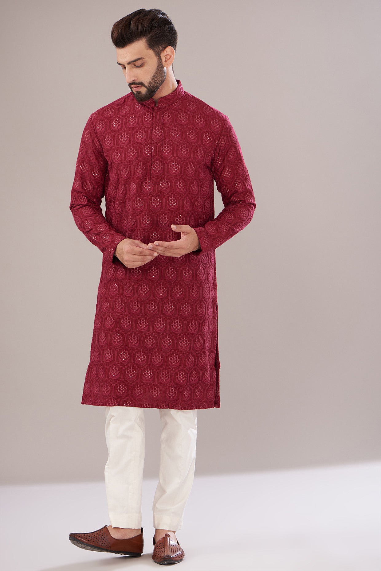 Red Silk Embroidered Kurta - kasbahmen