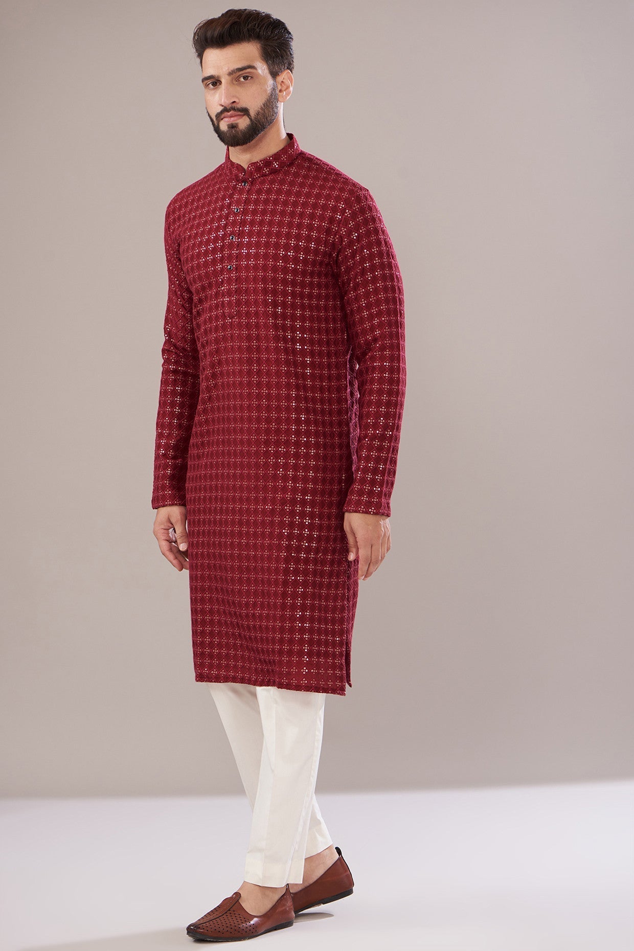 Red Silk Embroidered Kurta - kasbahmen