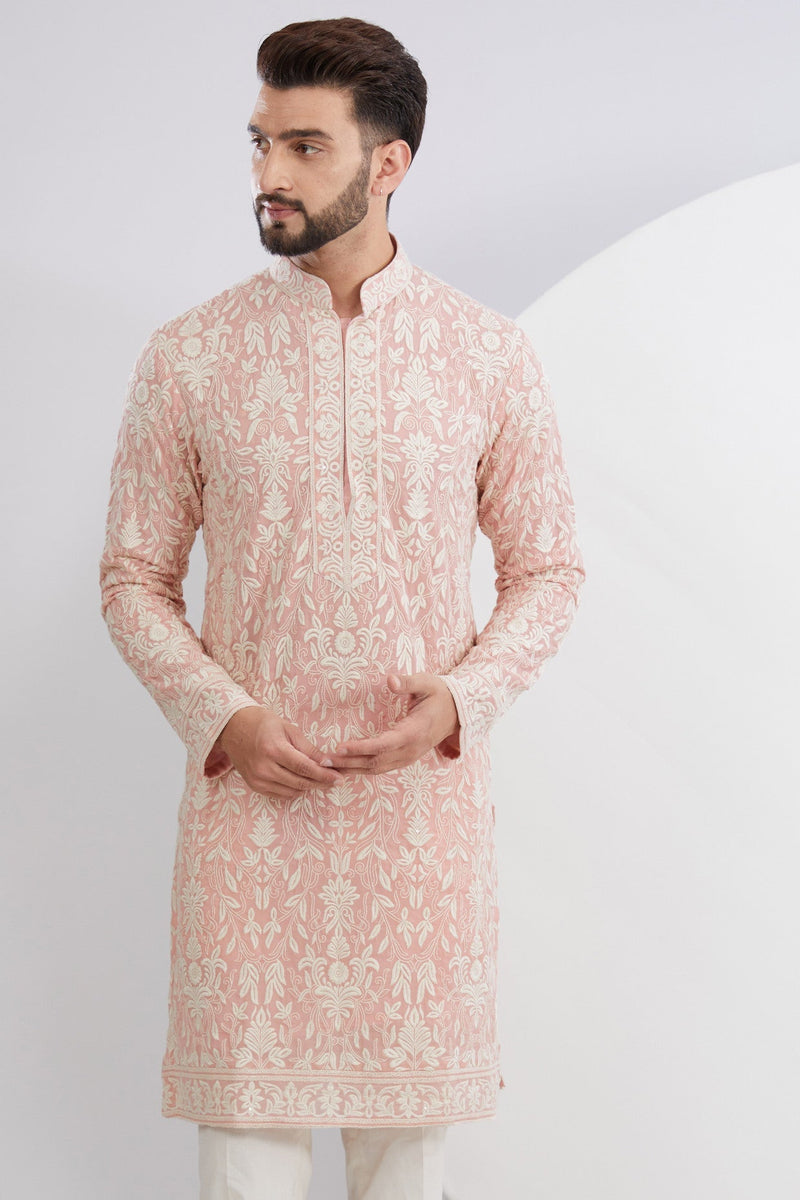 Pink Threadwork Kurta with Intricate Embroidered Neckline - kasbahmen