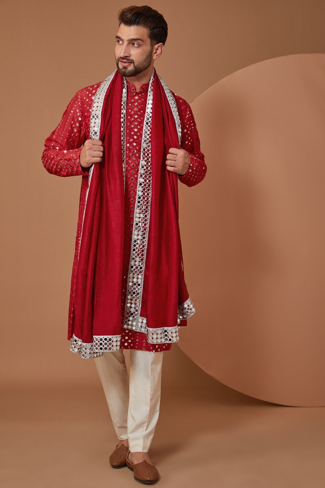 Red Mirror work Kurta with Stole - kasbahmen