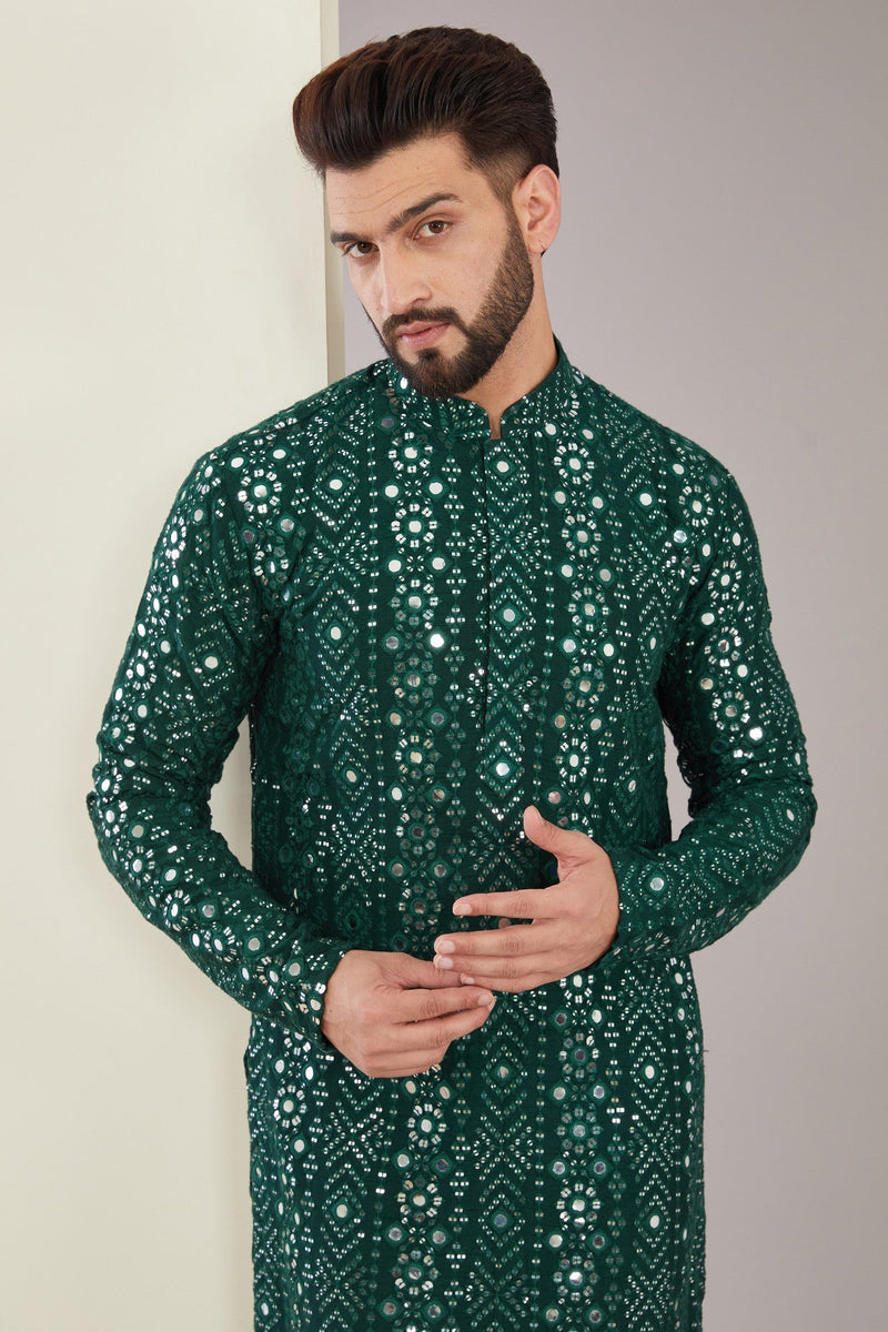 Signature Bottle Green Mirrorwork Kurta - kasbahmen