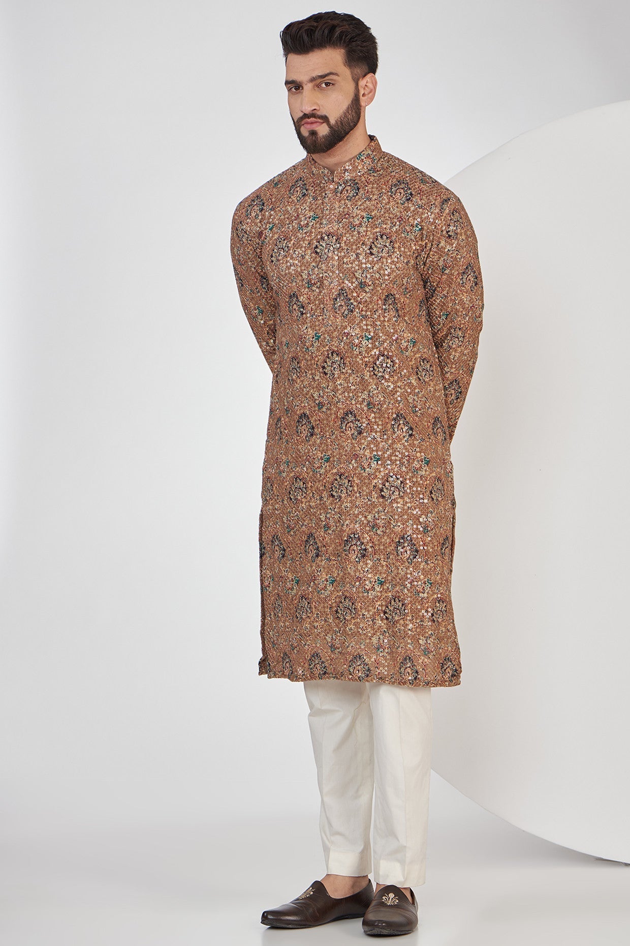 Tan Brown Floral Embroidered Kurta on Print - kasbahmen