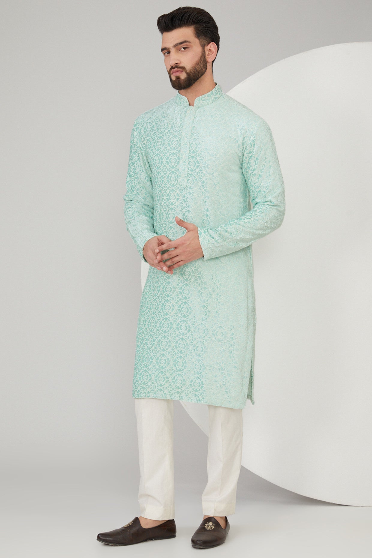 Ice Blue Velvet Geometric Embroidered Kurta - kasbahmen