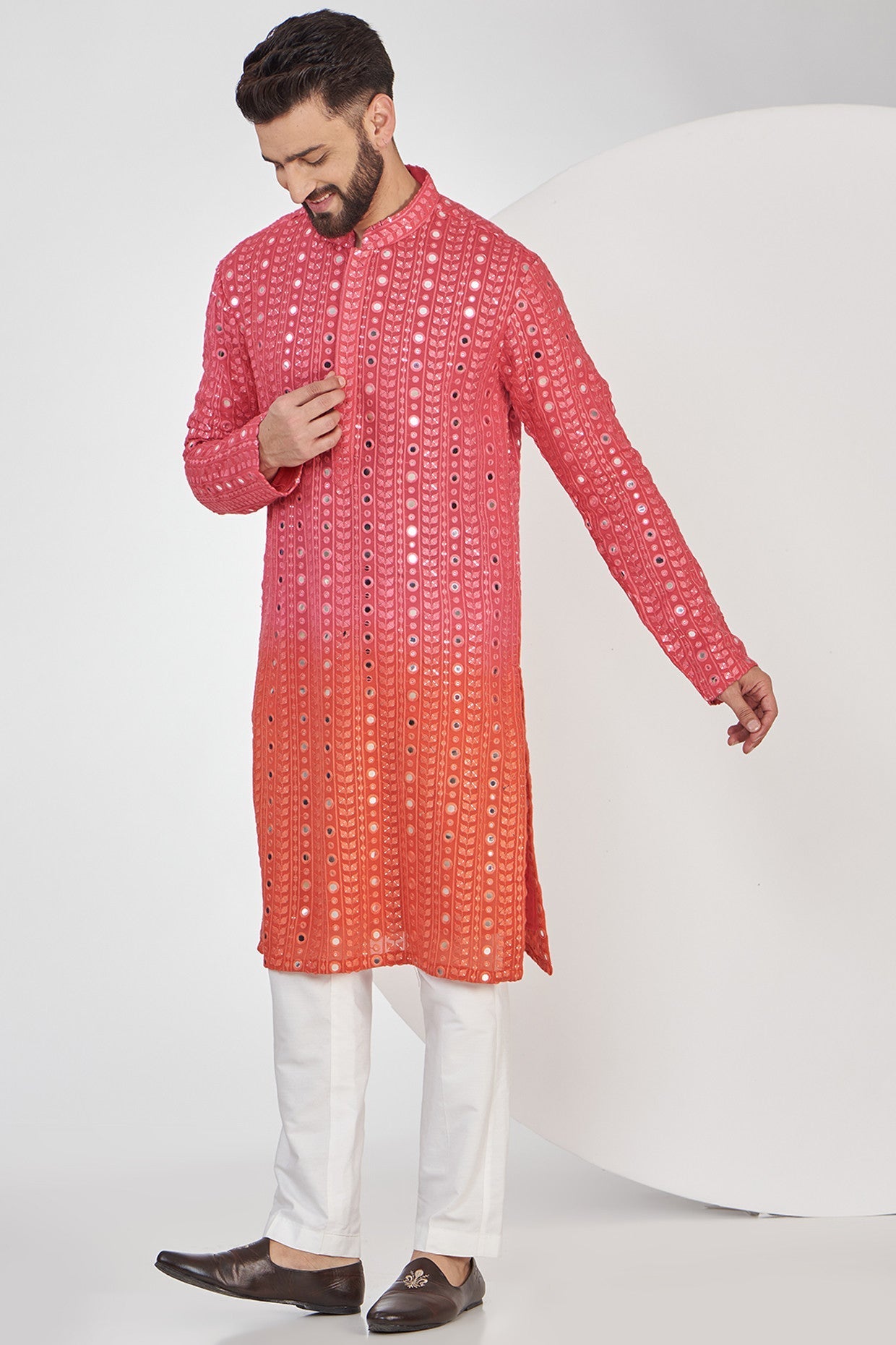 Pink and Orange Ombre shaded Mirrorwork Kurta - kasbahmen