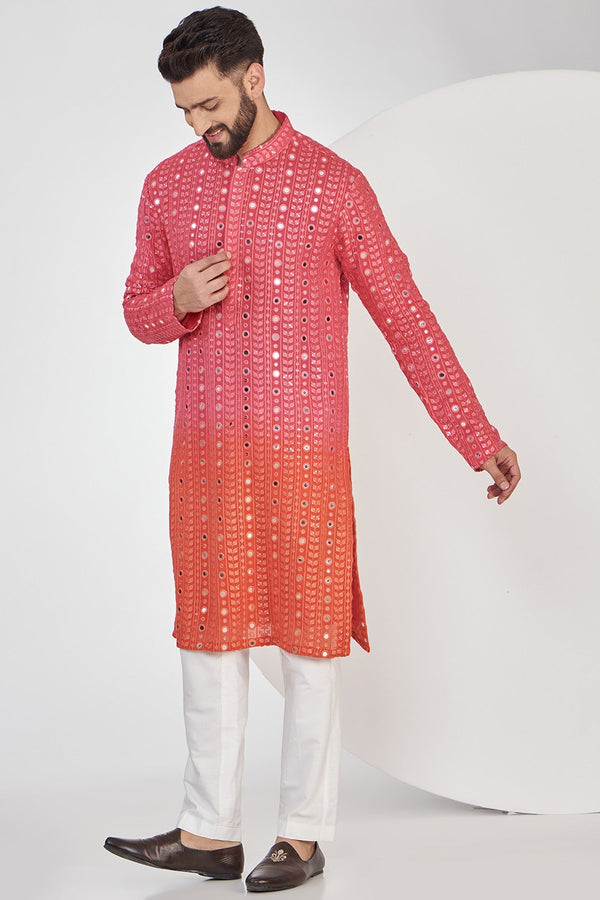 Pink and Orange Ombre shaded Mirrorwork Kurta