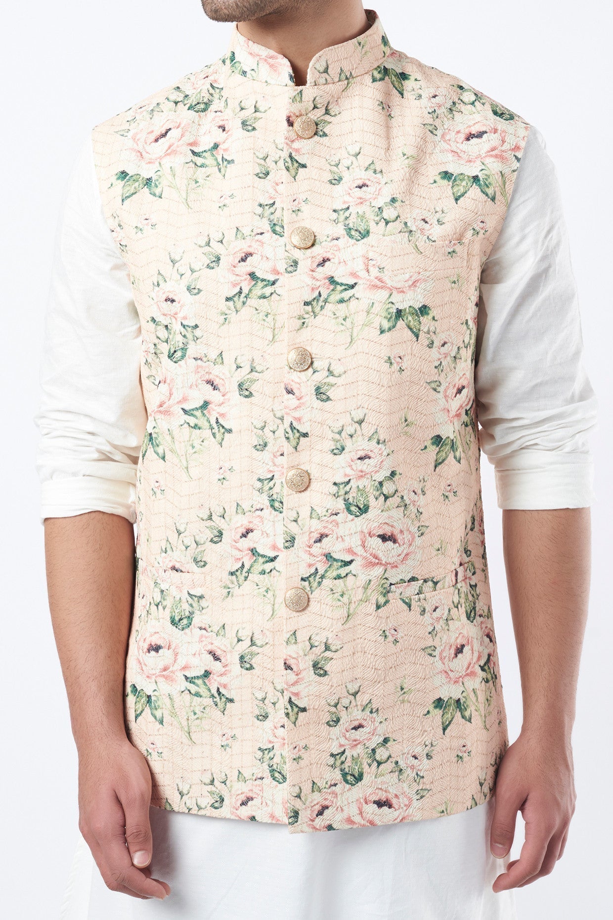 Light Peach Embroidered Bundi Jacket - kasbahmen