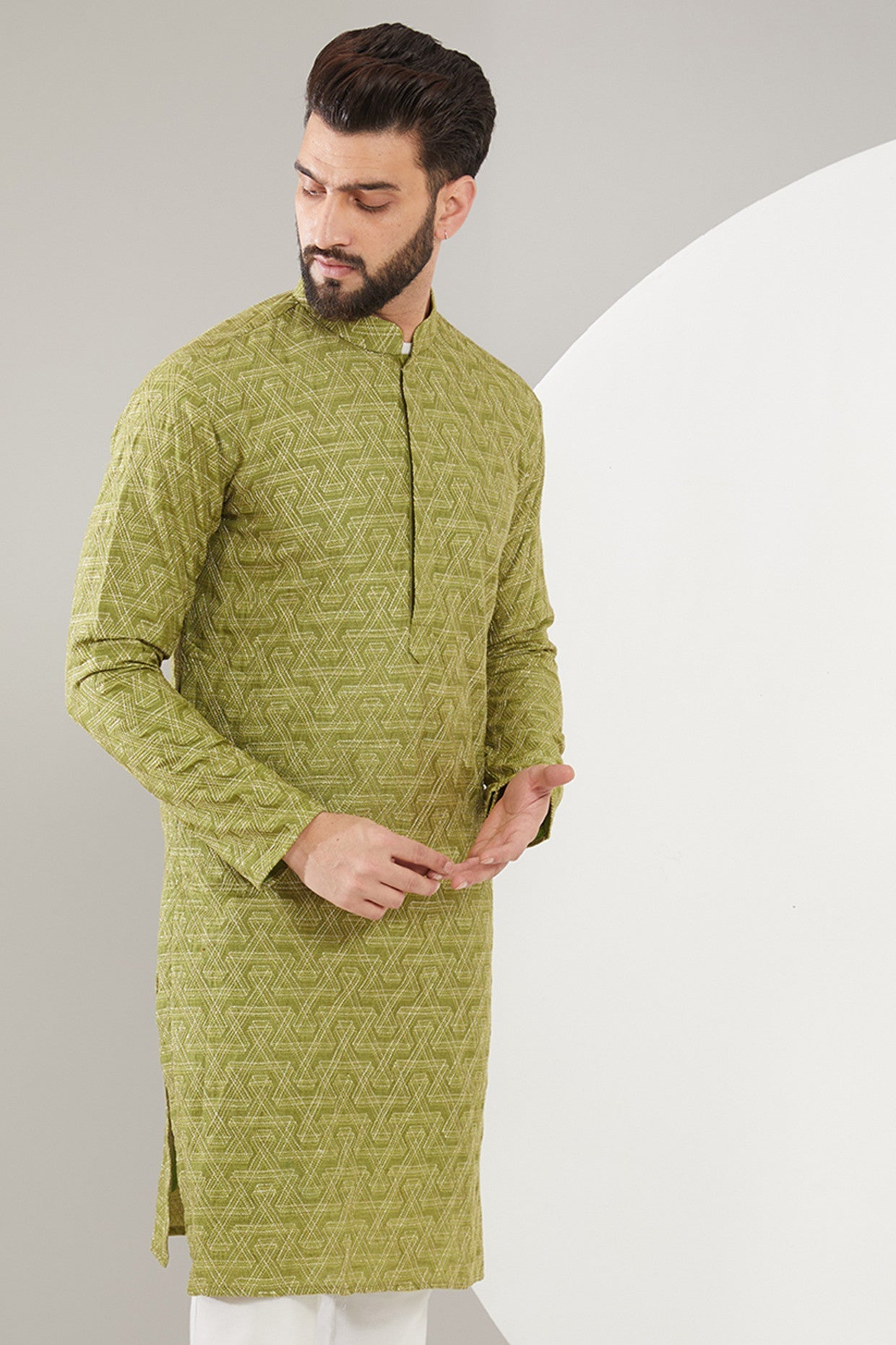 Mehndi Green geometrically embroiered kurta - kasbahmen