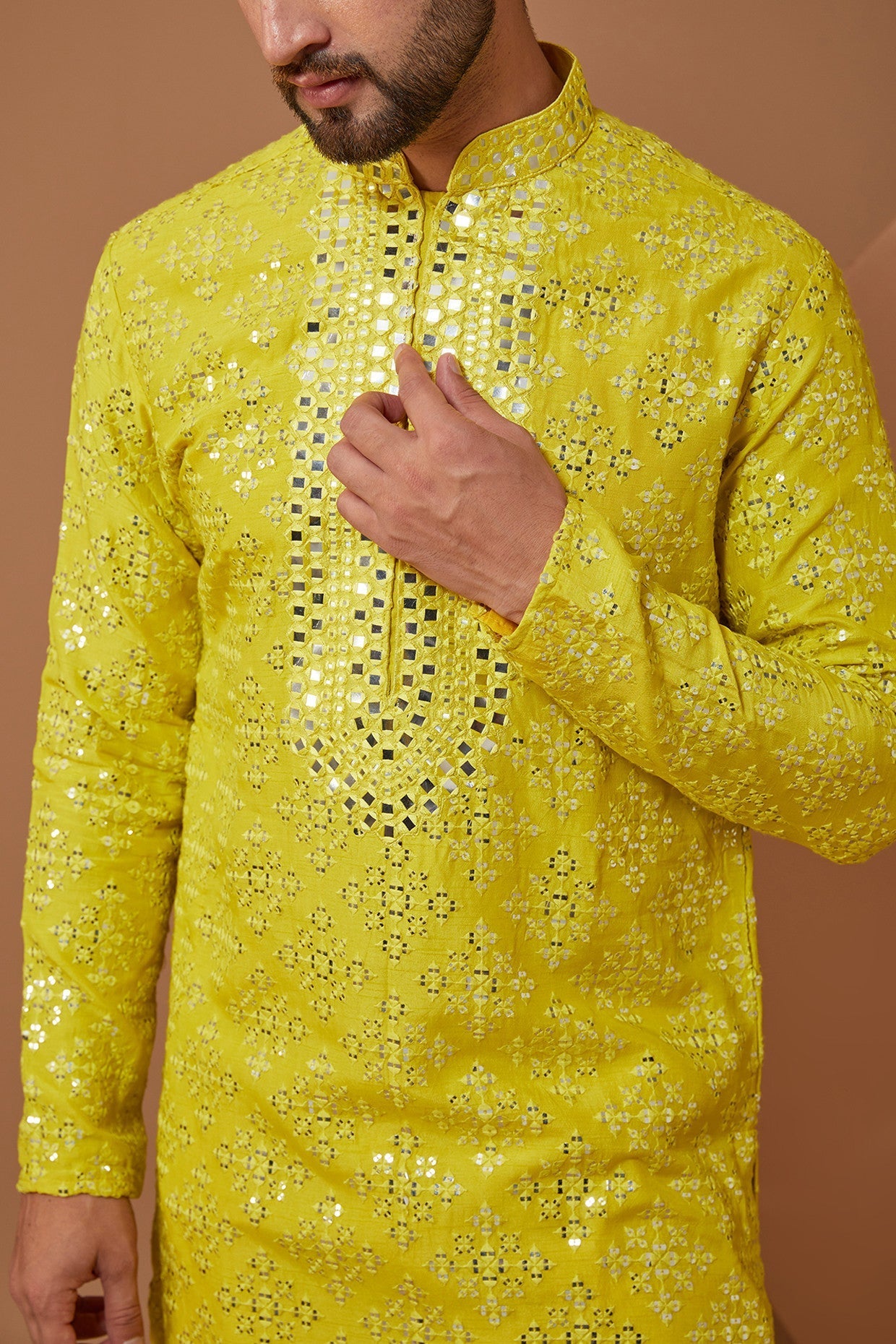 Bright Yellow Handwork/Mirrorwork Kurta - kasbahmen