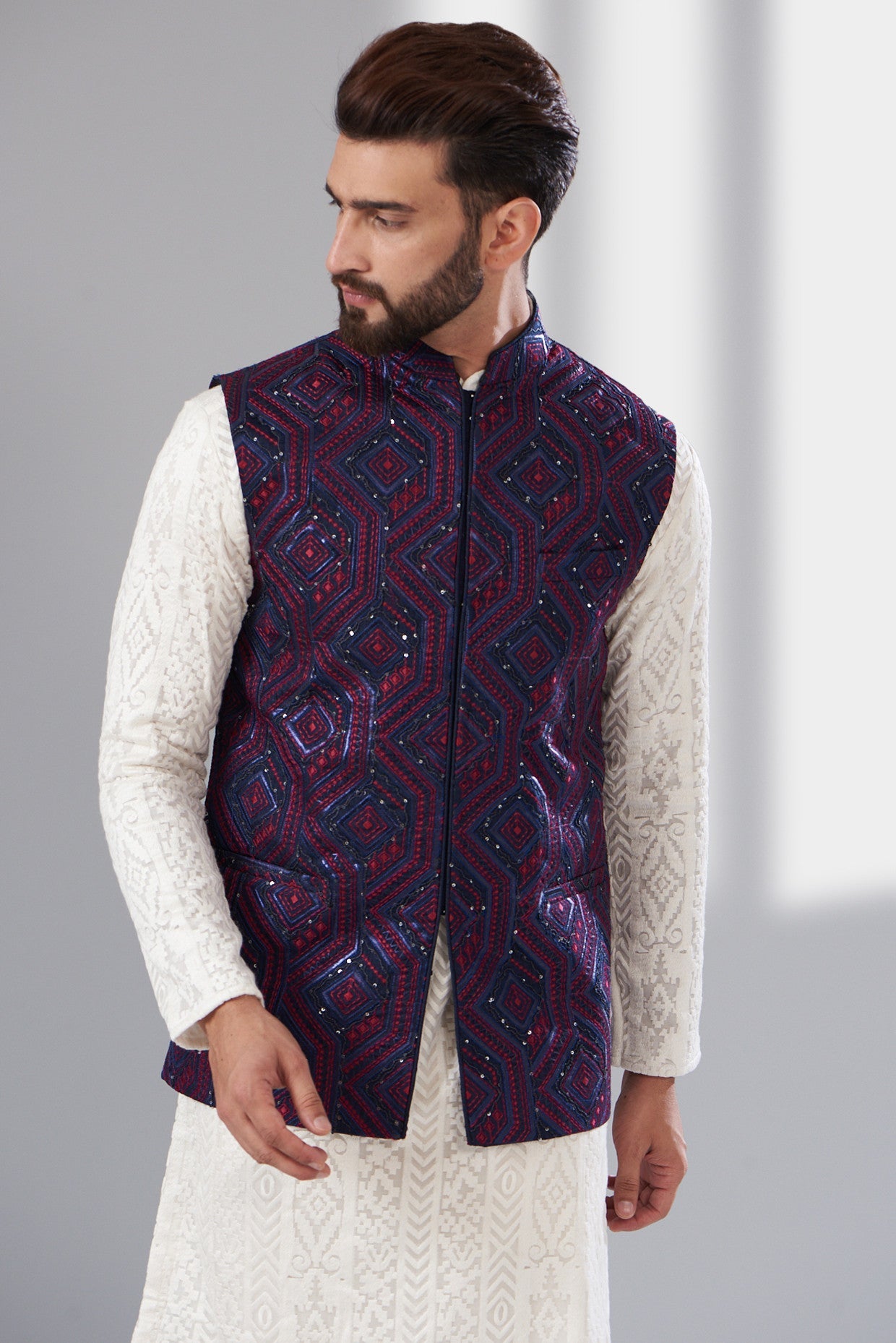 Navy blue thread work nehru jacket - kasbahmen