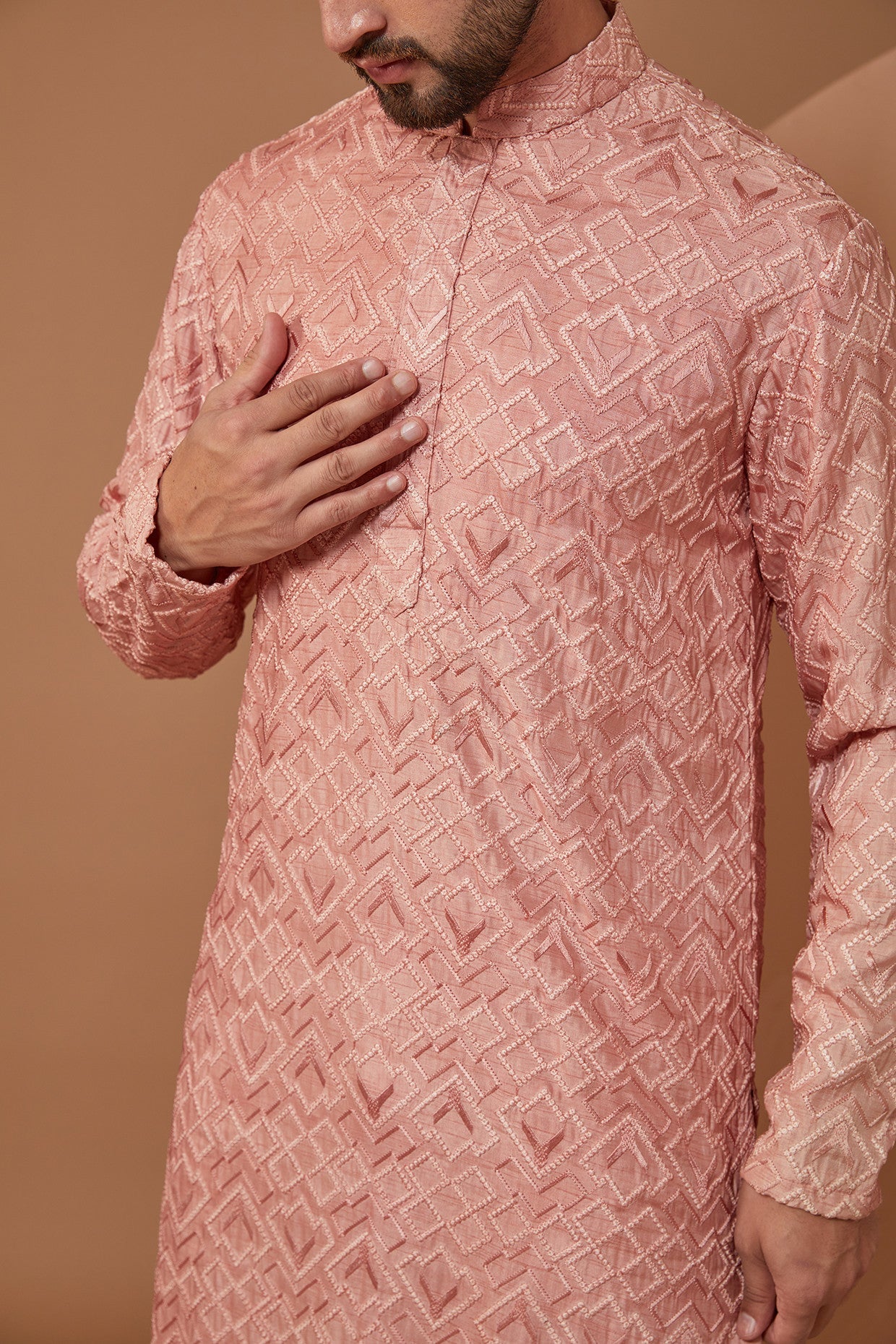 Rust Pink Geometrically Embroidered Kurta - kasbahmen