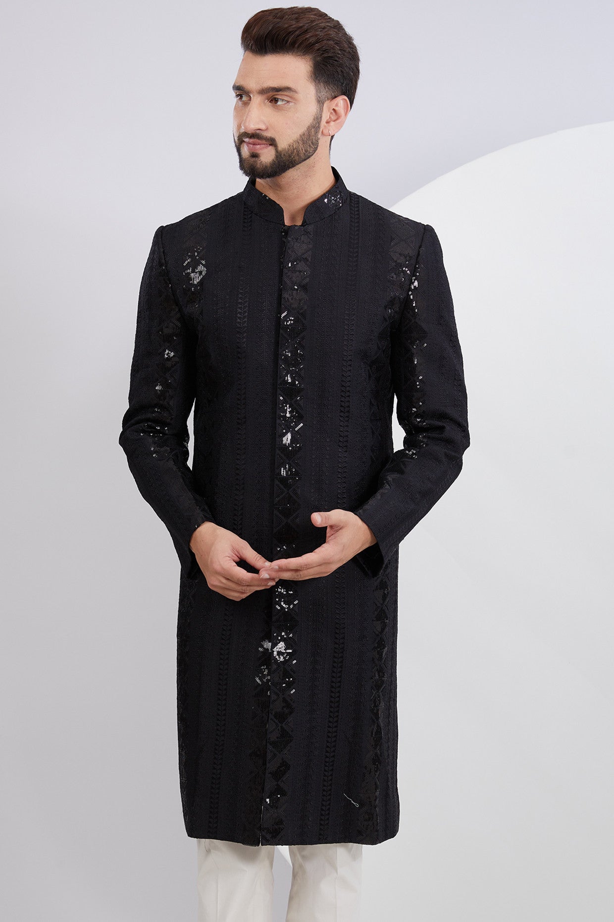 Signature Black Embroidered Sherwani with Intricate Sequins - kasbahmen