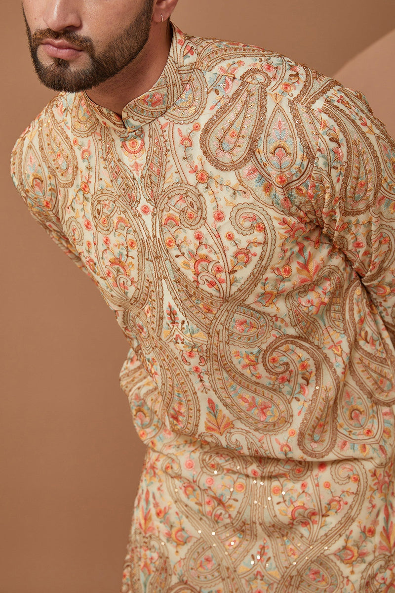 Ivory Cream Kashmiri Jamawar Embroidered Kurta - kasbahmen