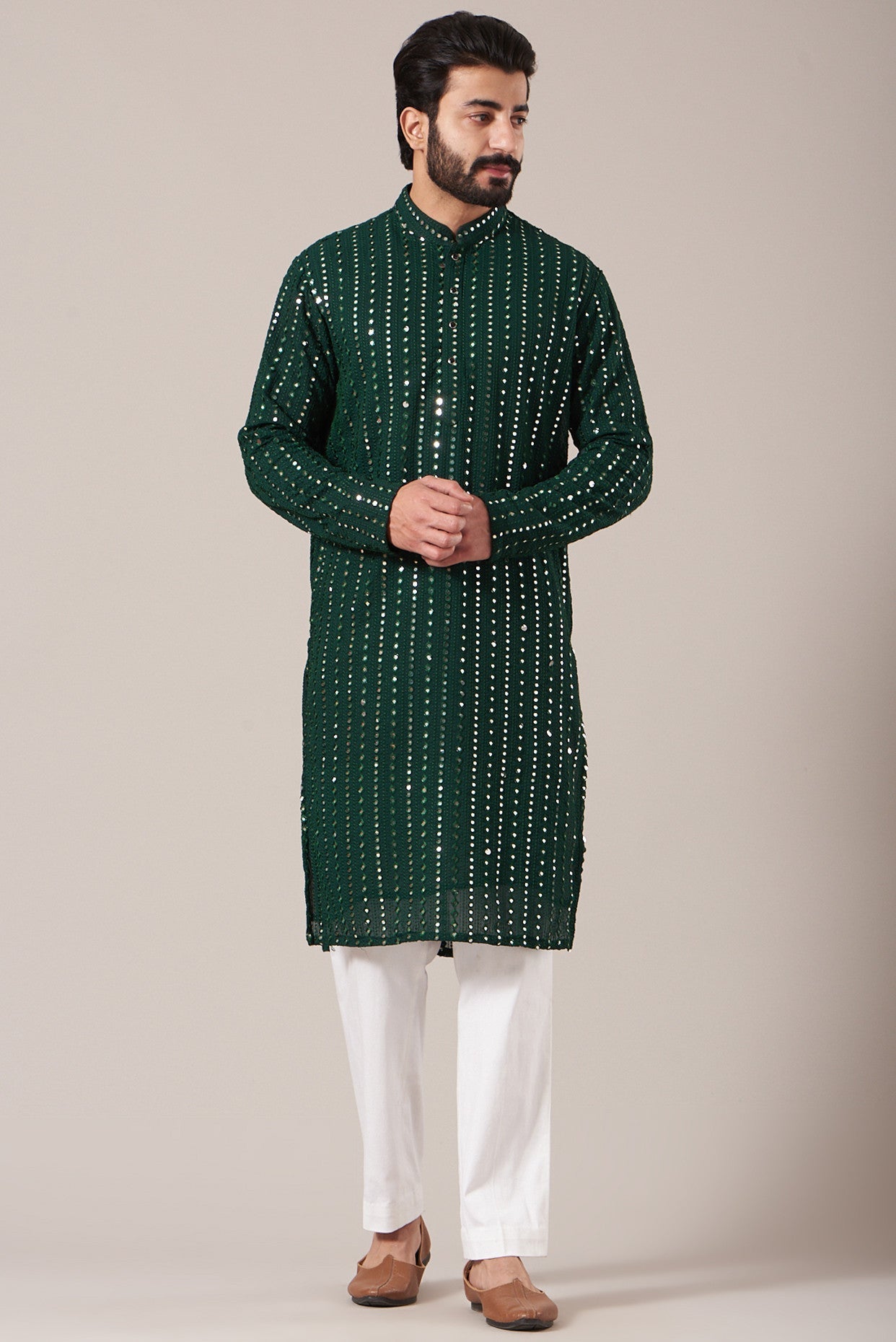 Bottle Green Mirror Work Kurta - kasbahmen