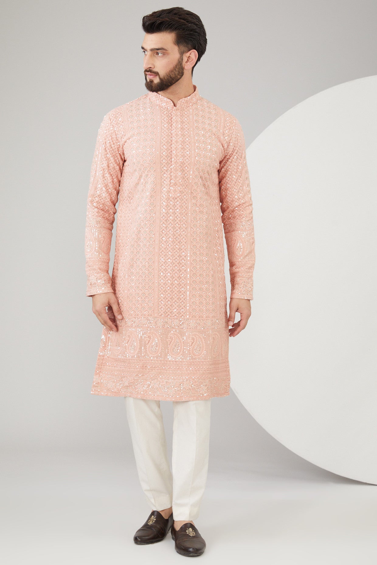 Peach Georgette Thread Embroidered Chikankari Kurta - kasbahmen