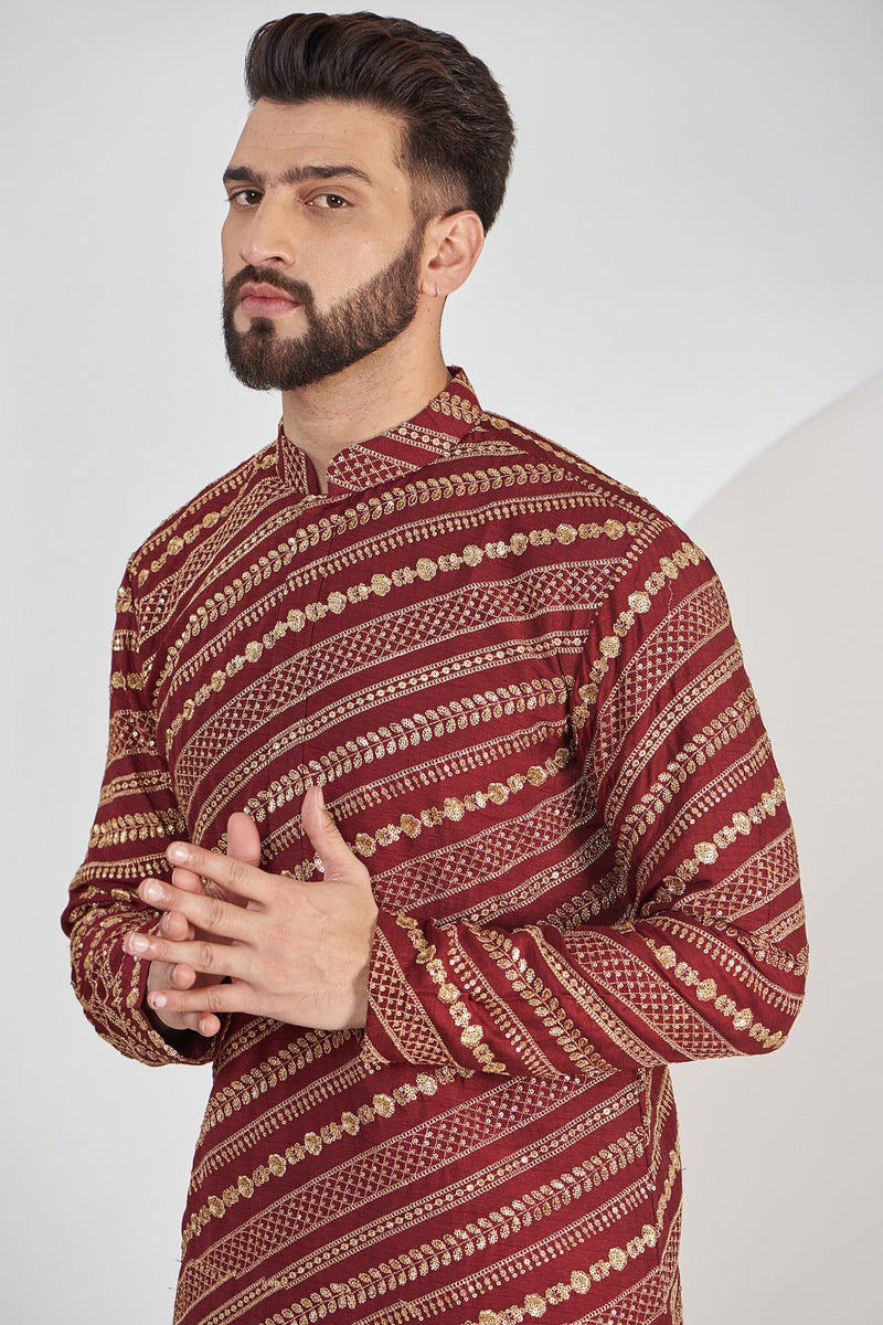 Maroon Embroidered Kurta with Intricate Zari work - kasbahmen