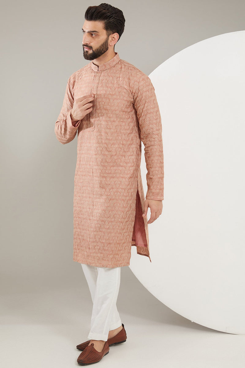 Peach Geometrically embroidered kurta