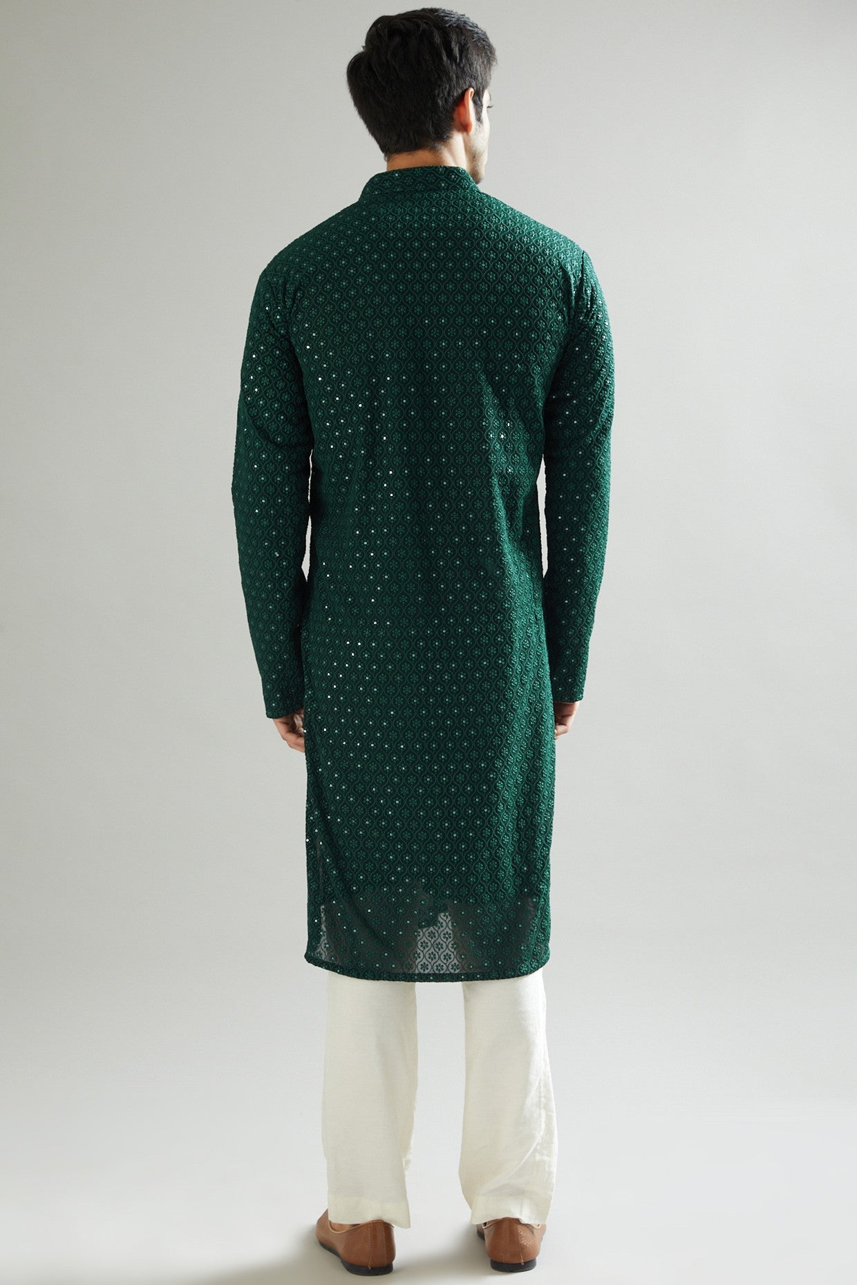 Bottle Green Embroidered Kurta - kasbahmen