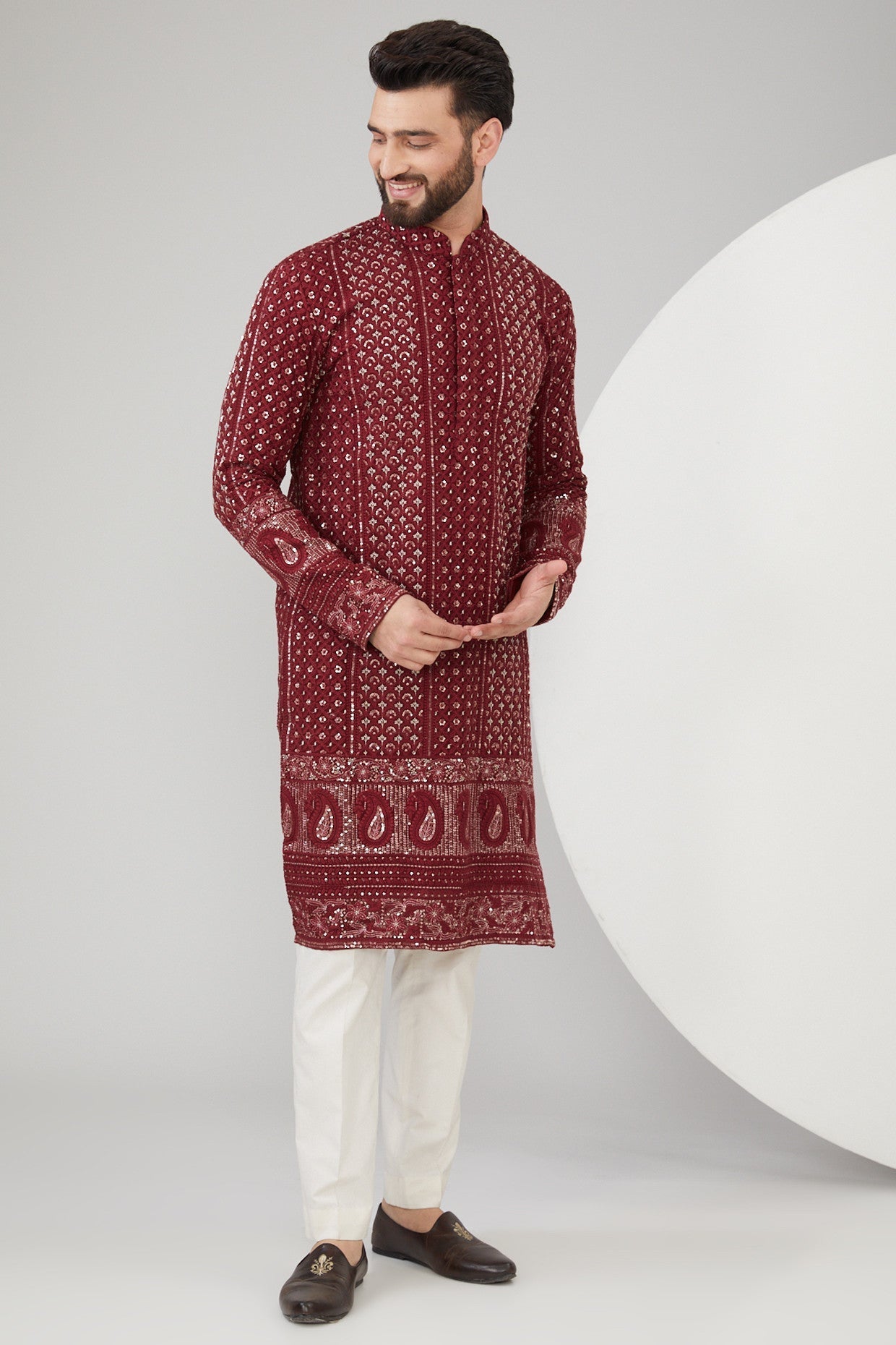 Maroon Georgette Thread Embroidered Chikankari Kurta - kasbahmen