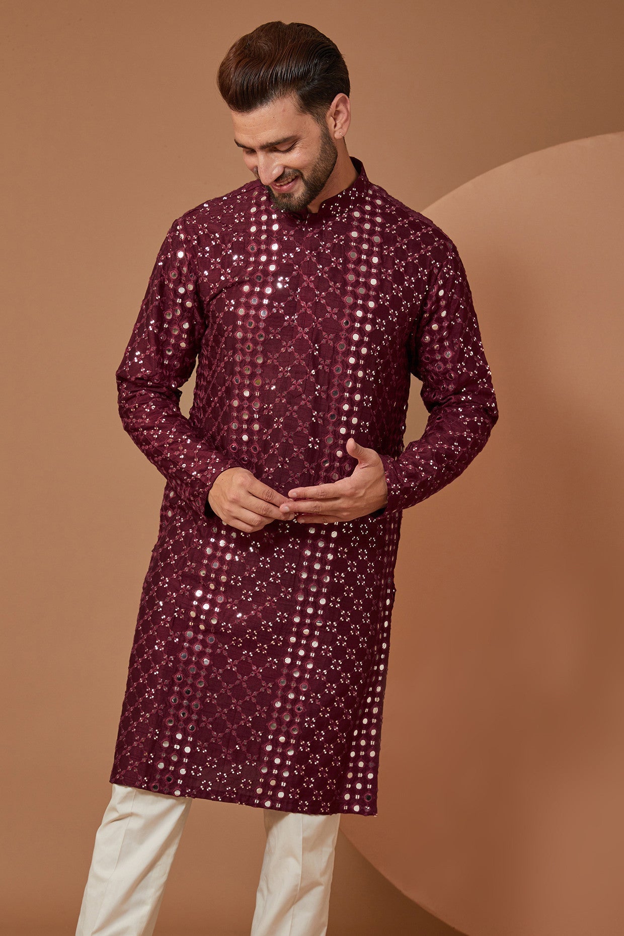 Signature Mud-Wine Mirrorwork Kurta - kasbahmen