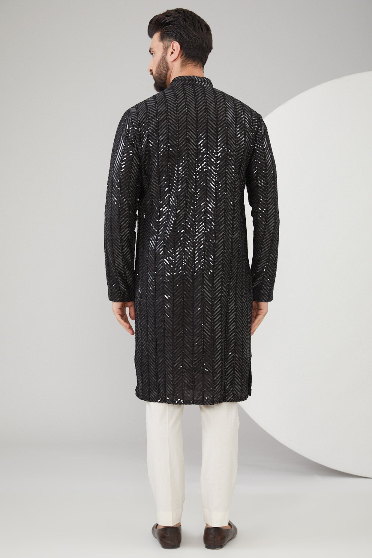 Black Slub Silk Sequins Embroidered Kurta - kasbahmen