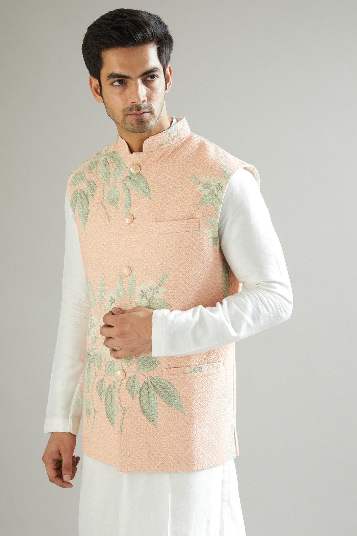 Peach Embroidered Nehru Jacket - kasbahmen