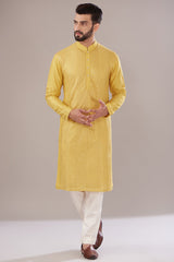 Yellow Slub Silk Embroidered Kurta - kasbahmen