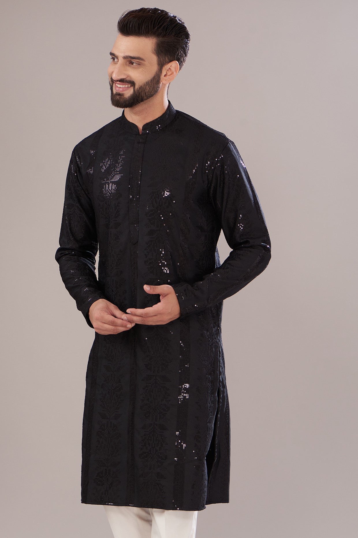 Black Slub Silk Embroidered Kurta - kasbahmen