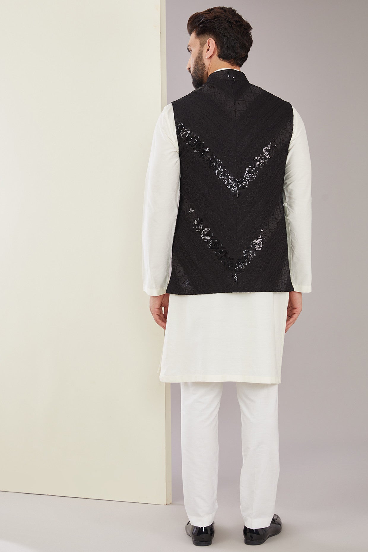 Formal Black Sequined Nehru Jacket - kasbahmen