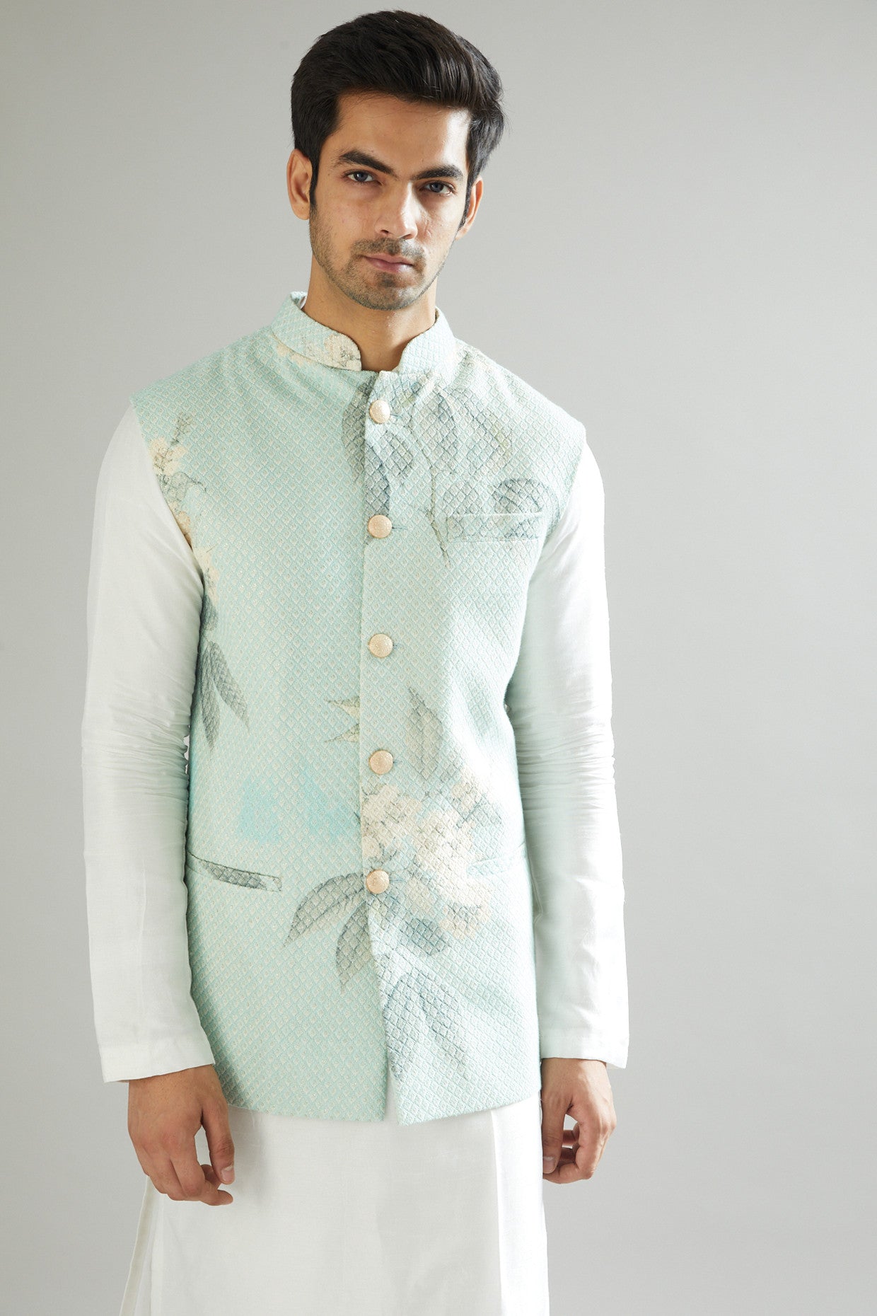 Ice Blue Embroidered Nehru Jacket - kasbahmen