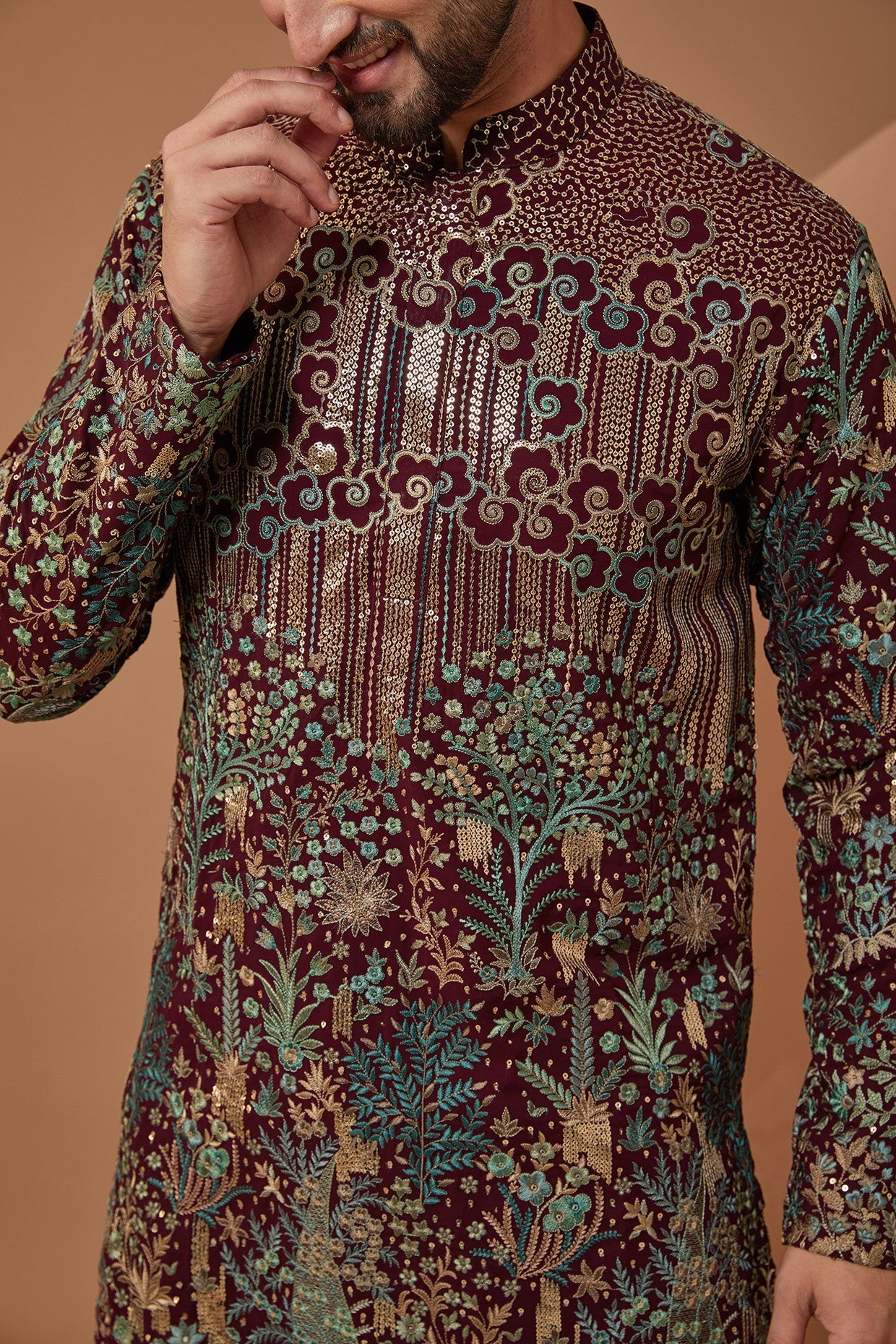 Intricately Crafted Black Floral Kurta with Green and Gold Threadwork - kasbahmen