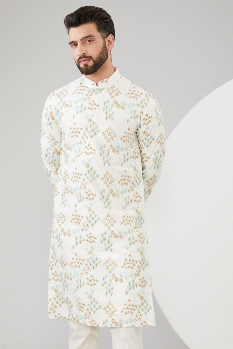 White Silk Thread Work Chikankari Kurta - kasbahmen