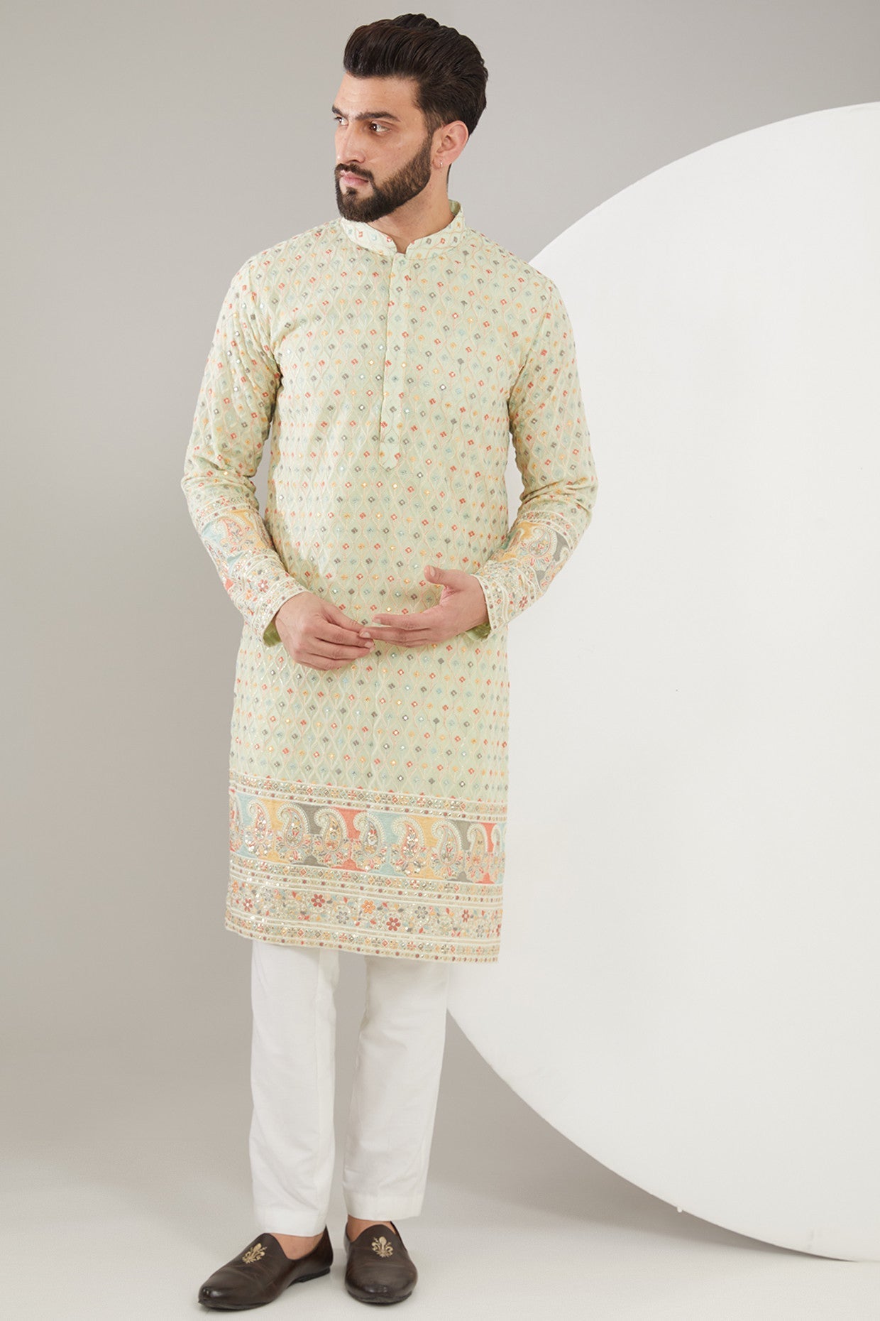 Sea-green Embroidered Kurta with Intricate Ghera - kasbahmen