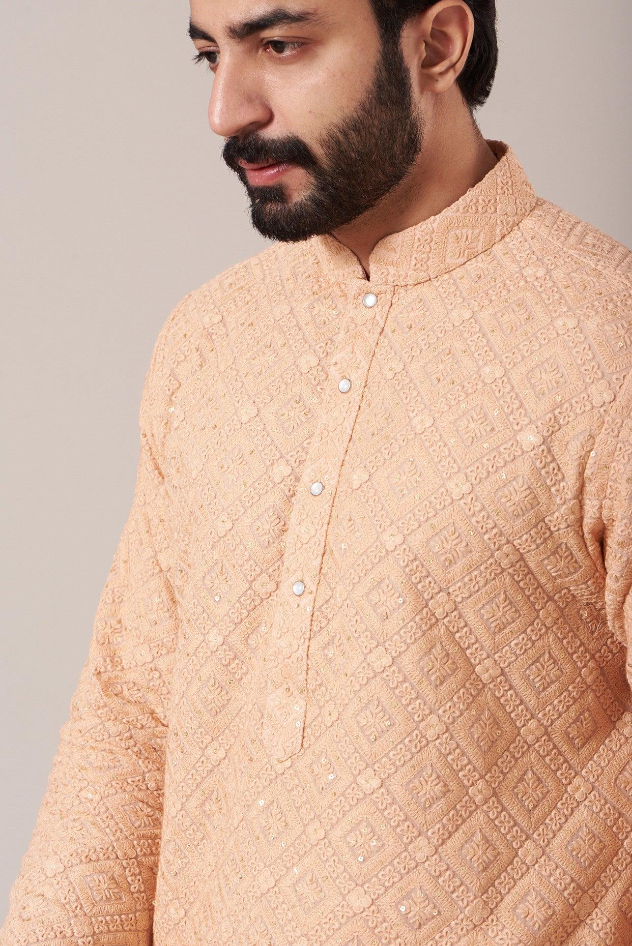 Peach Chikankari Embroidered Kurta - kasbahmen