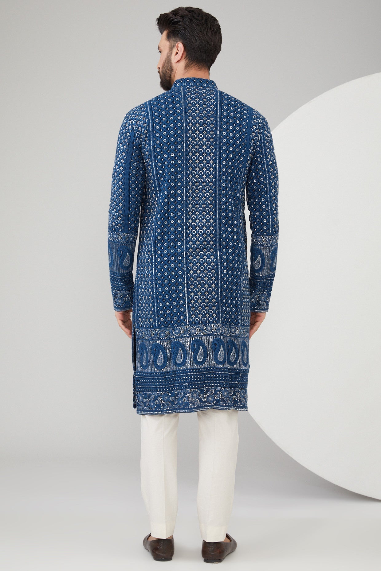 Navy Blue Georgette Thread Embroidered Chikankari Kurta - kasbahmen