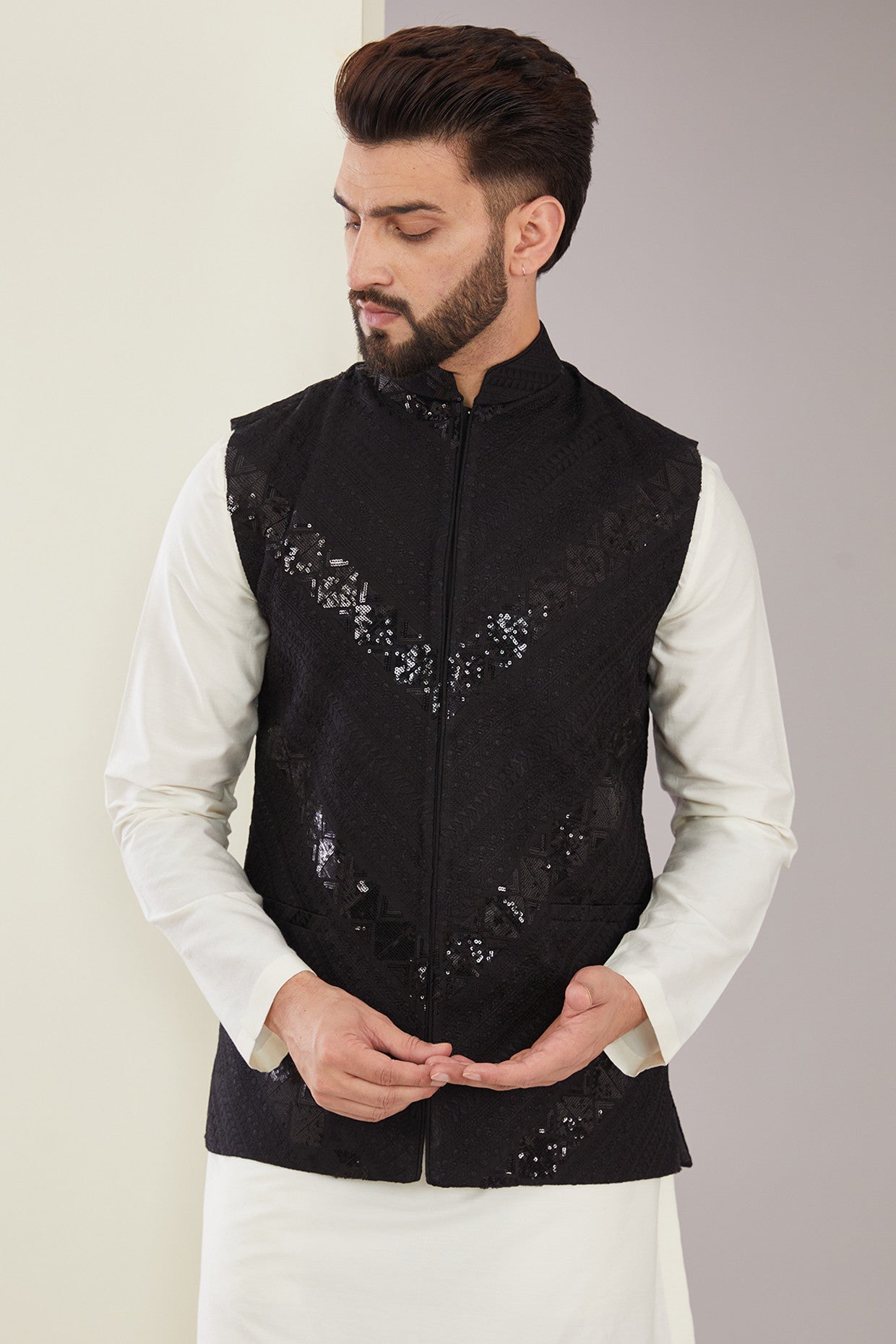 Formal Black Sequined Nehru Jacket - kasbahmen