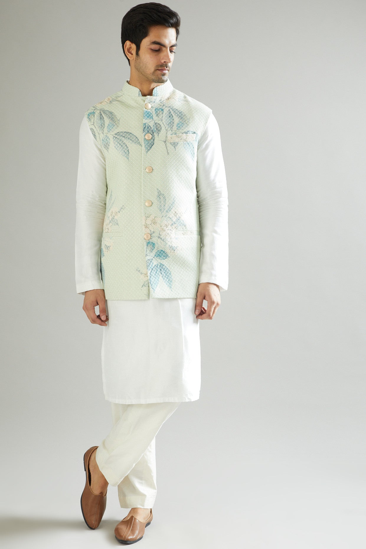 Mint Green Floral Embroidered Nehru Jacket - kasbahmen