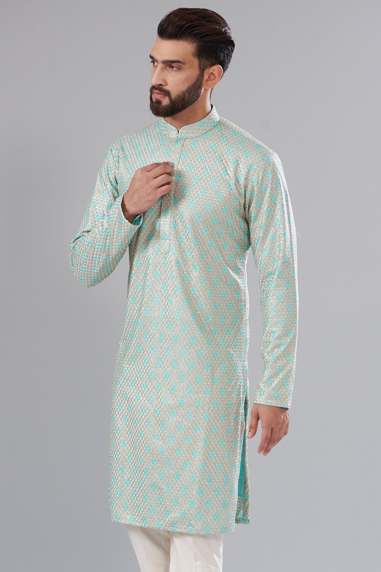 aqua-silver thread work kurta - kasbahmen