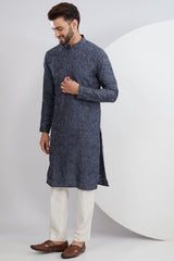 Denim Blue Floral Embroidered Kurta - kasbahmen