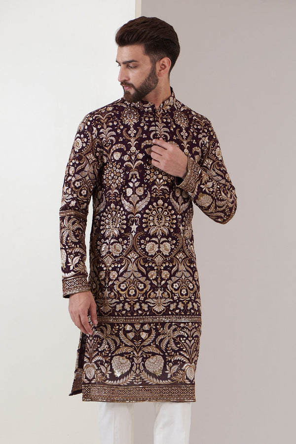 Wine Embroidered Kurta - kasbahmen