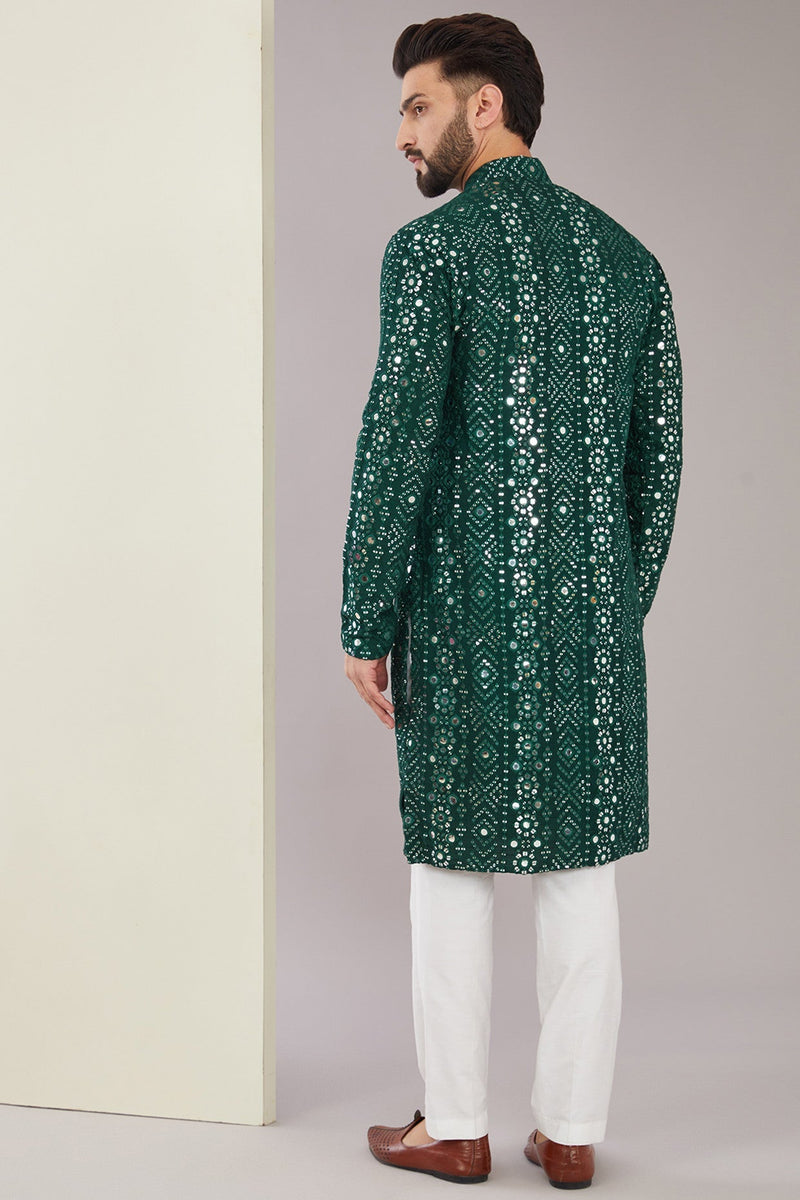 Signature Bottle Green Mirrorwork Kurta - kasbahmen