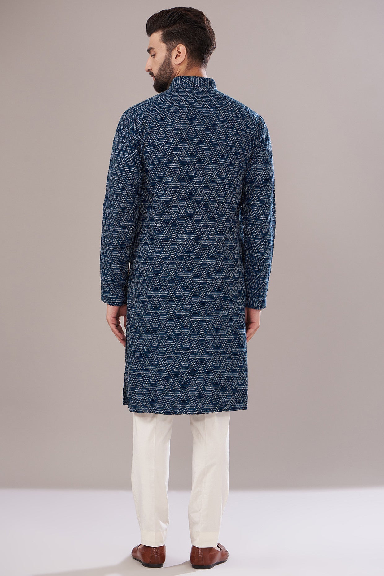 Navy Blue Silk Embroidered Kurta - kasbahmen