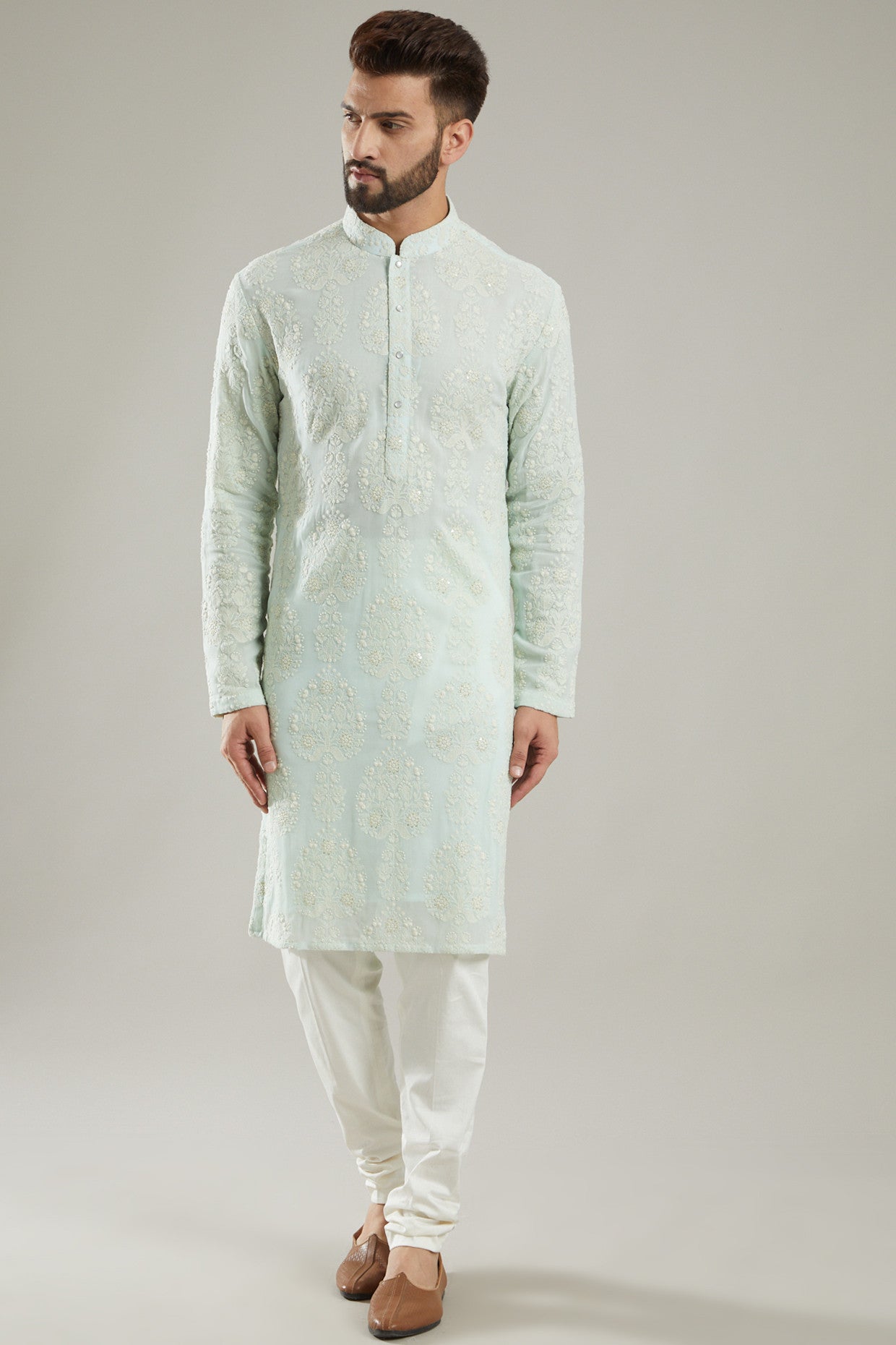 Powder Blue Embroidered Kurta - kasbahmen