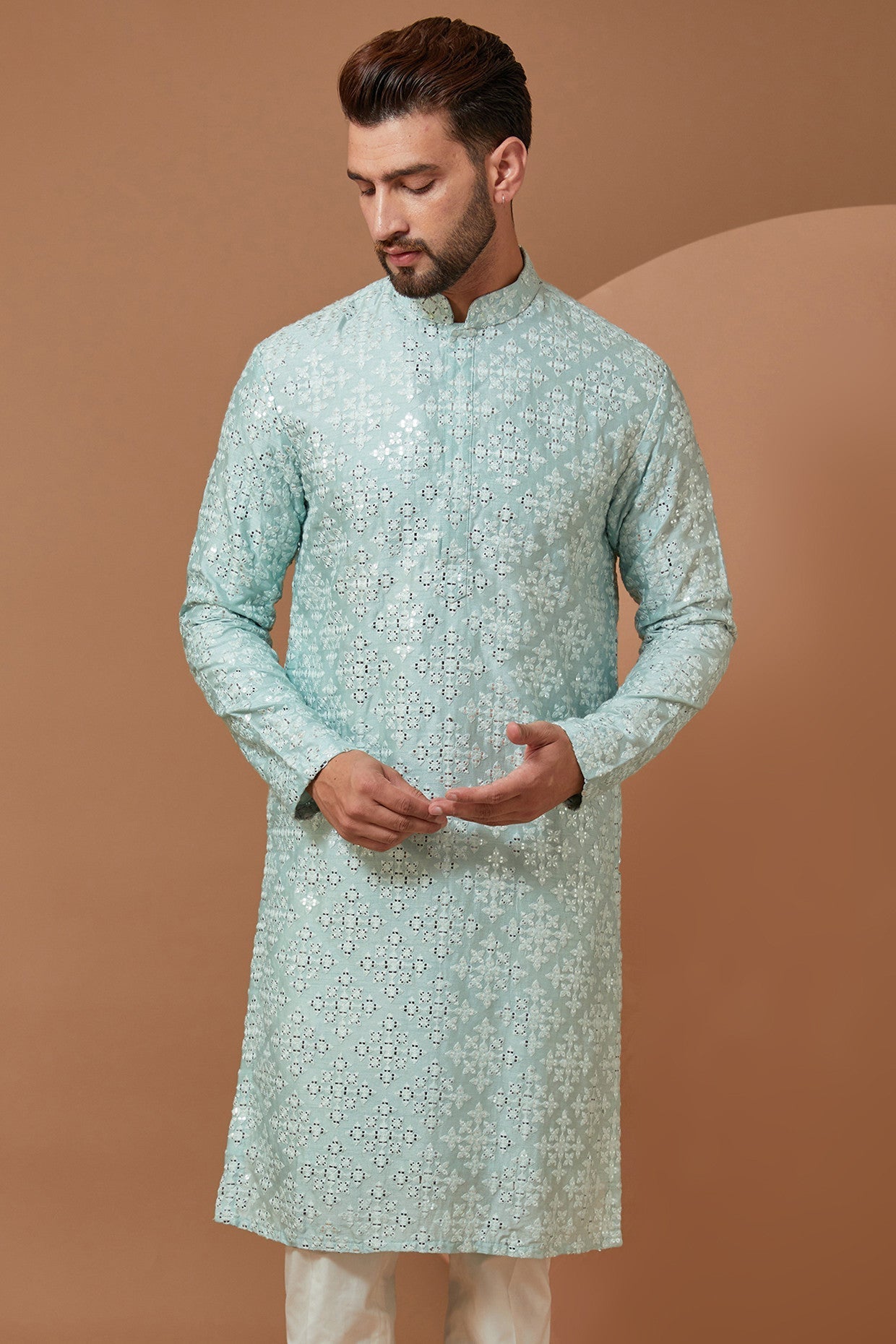 Ice Blue Mirrorwork Kurta - kasbahmen