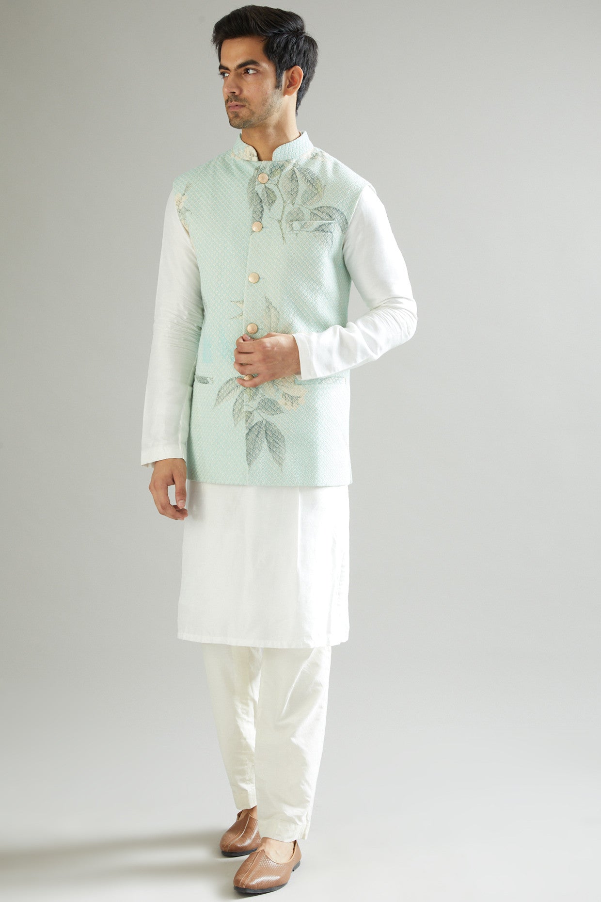 Ice Blue Embroidered Nehru Jacket - kasbahmen