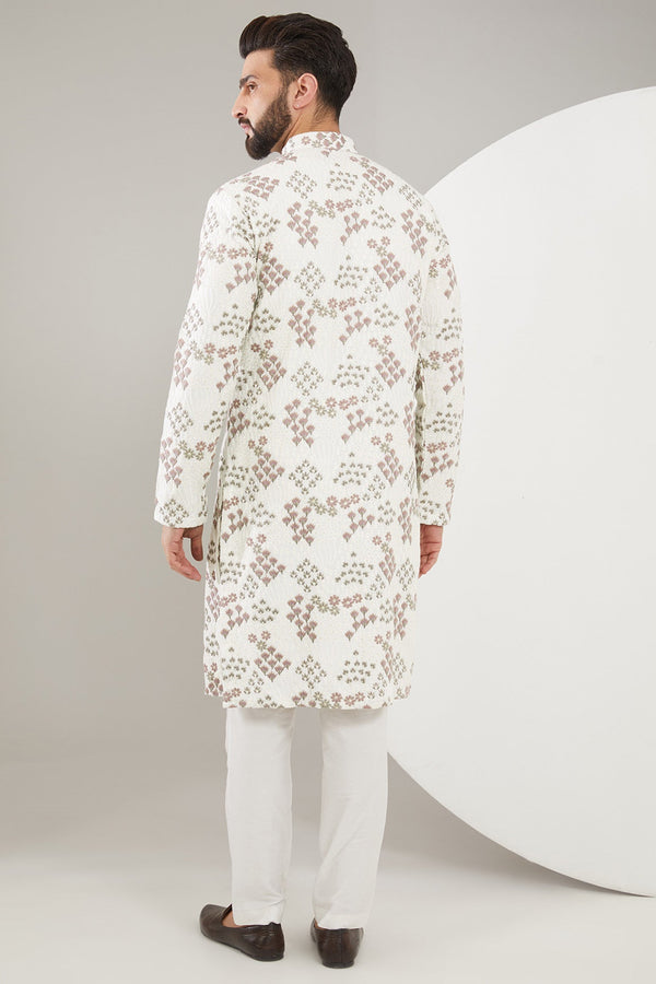 Lilac and white floral embroidered kurta