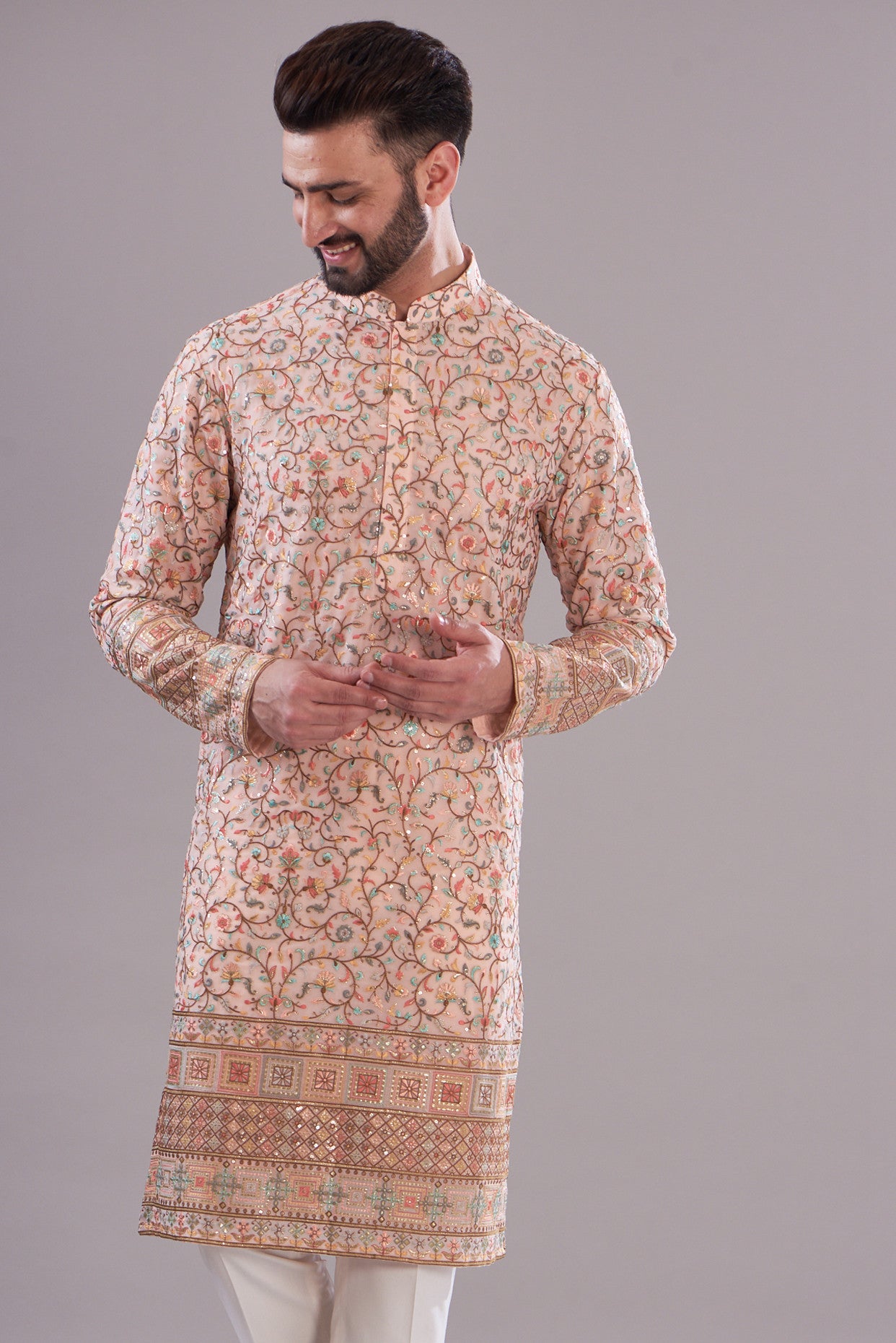 Peach multi embroidered kurta with detailed border - kasbahmen