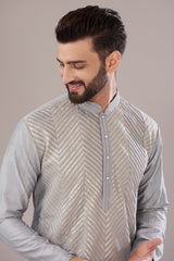 Matte Blue Slub Silk Embroidered Kurta - kasbahmen