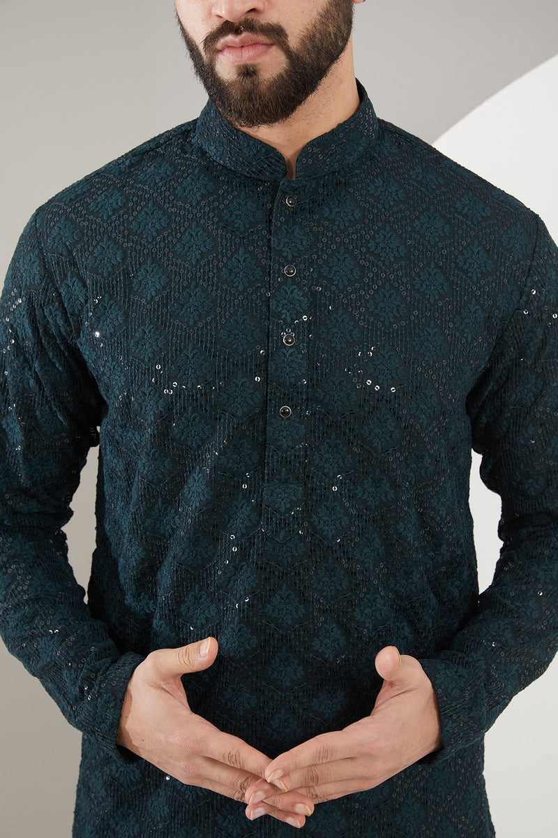 Bottle Green Chikankari Kurta - kasbahmen